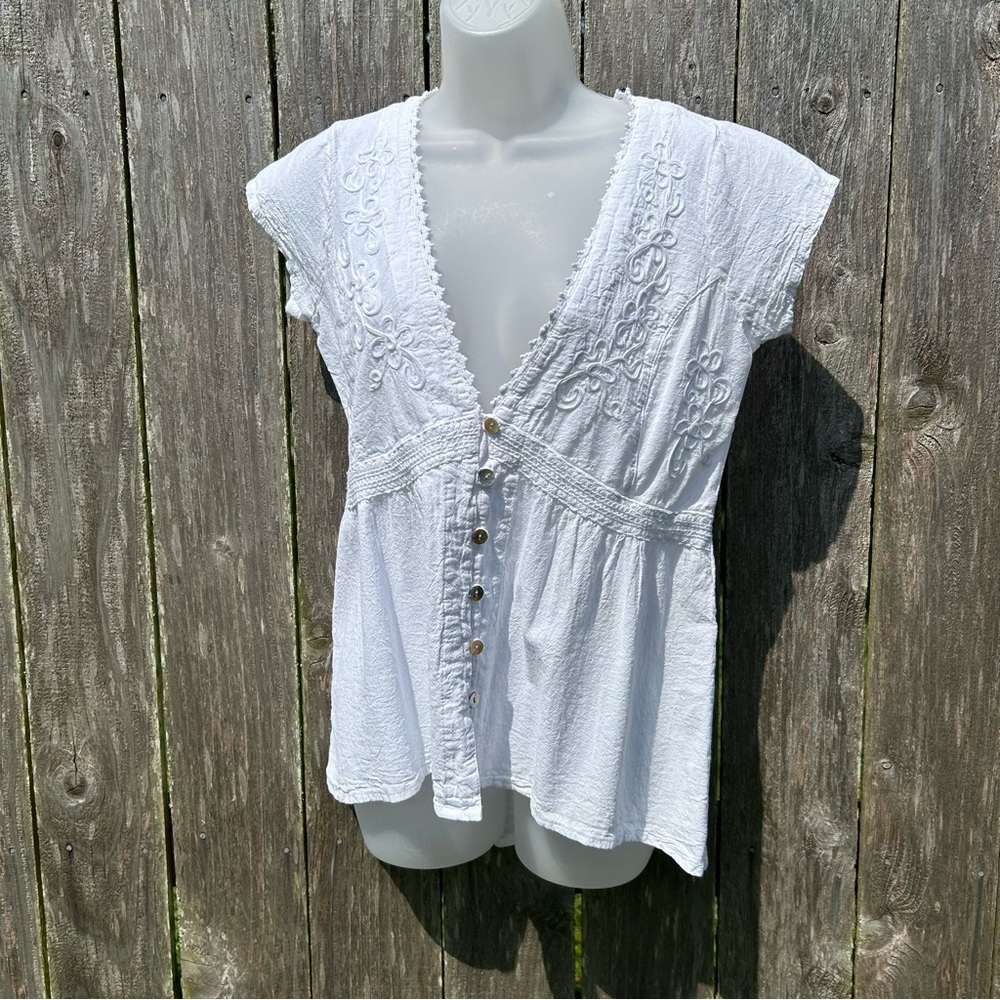 SCULLY Sz S White Peruvian Cotton Embroidered Short Sleeve Button Blouse Top - Picture 4 of 12